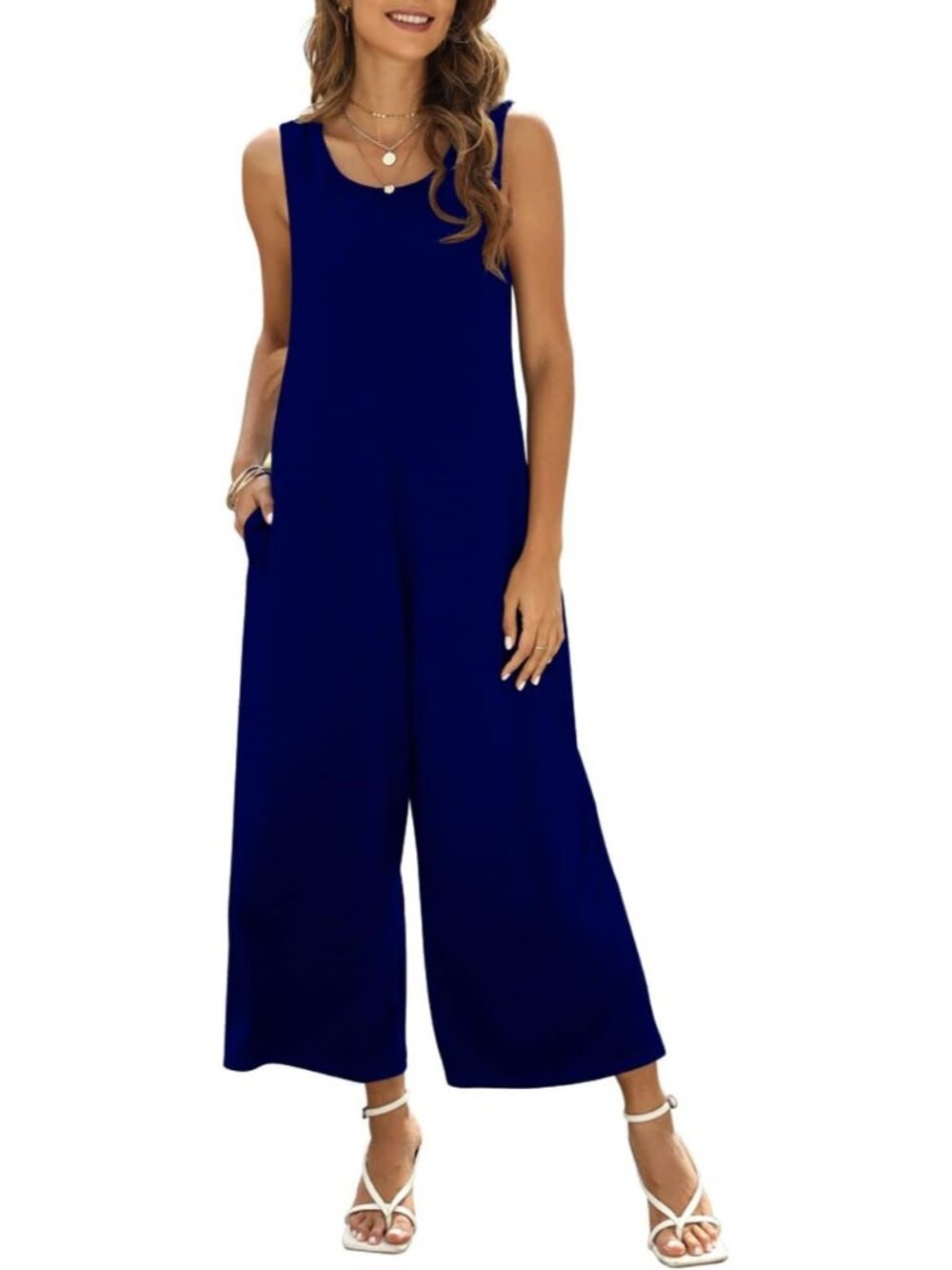 Women's Jumpsuits Dark Blue Crewneck Loose Sleeveless Outfit With Pockets Romper